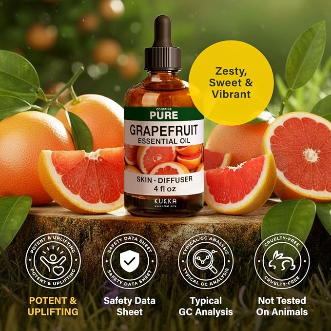 Kukka 100% Pure Grapefruit Essential Oil for Skin, Diffuser, 4 Fl Oz | Undiluted Grapefruit Oil for Uplifting Diffuser Blends, Scalp & Skin Care, Massage & DIY Soap Making