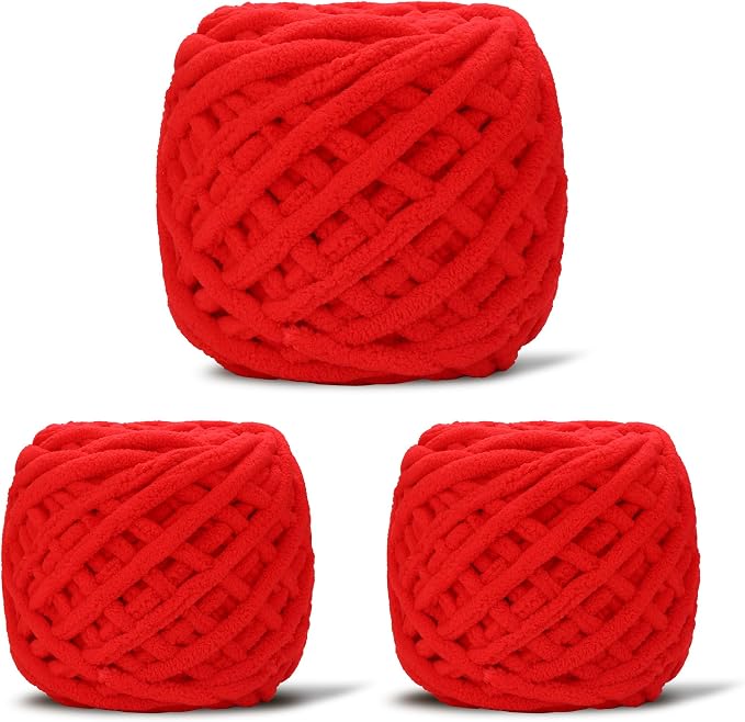 3 Pack Plush Chenille Chunky Yarn for Crocheting 100g(54.6yd) - Bulky Thick Fluffy Yarn for Knitting- Soft Velvet for Baby, Blanket Knitting Blanket Yarns- Amigurumi Yarns (3-Red)