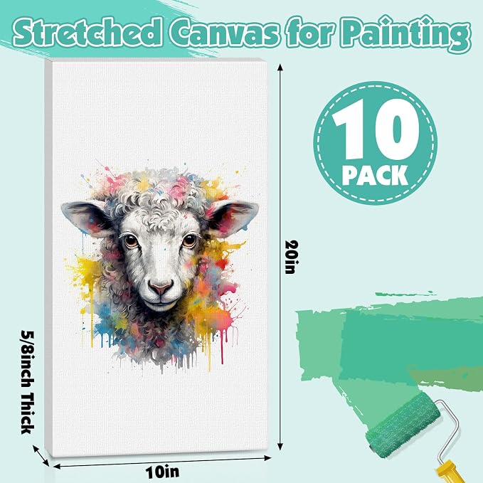 ESRICH Long Canvas for Painting 10x20 Inch, 10Pack Stretched Canvas for Painting, Primed Acid-Free Cotton Rectangular Blank Canvases, Art Paint Canvases for Oil,Watercolor,Acrylic Paint,Gouache