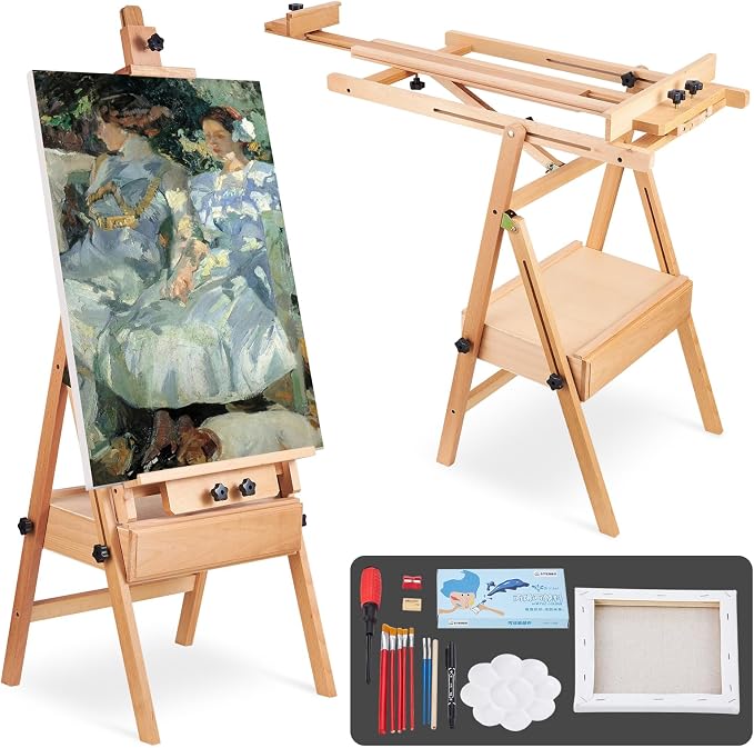 YOKUGO Beech Wood H-Frame Painting Easel with Storage Drawer, Natural