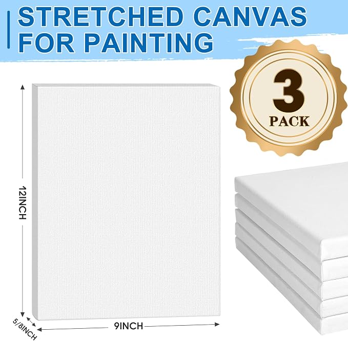 ESRICH Stretched Canvas for Painting, 3 Pack 9x12 Inch Canvas Value Pack,Primed Acid-Free Cotton Blank Canvases, Painting Canvas for Oil & Acrylic Paint.