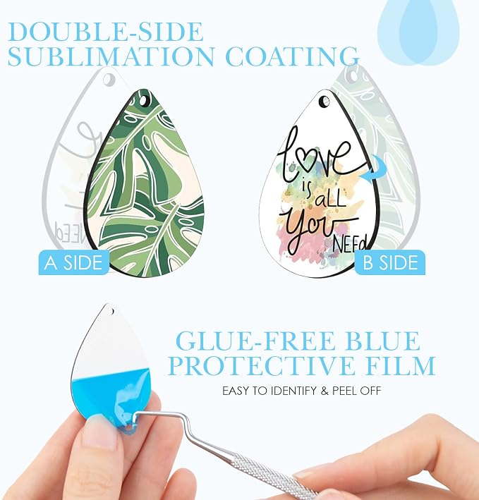 HTVRONT Sublimation Earring Blanks Bulk - 30 Pcs Wood Earrings Blanks with Blue Protective Film - Unfinished MDF Teardrop Earrings for Sublimation Printing with Template, Weeder, Hooks, Jump Rings