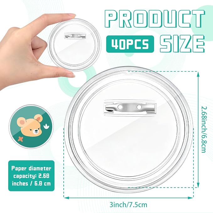 Bignc 3 Inch Clear Acrylic Button Pins - 40 Pack DIY Custom Design Buttons, Pin Backs & Blanks for Sublimation, Crafts, Photo Badges for DIY Gifts & School Projects,Teams, Events Badges
