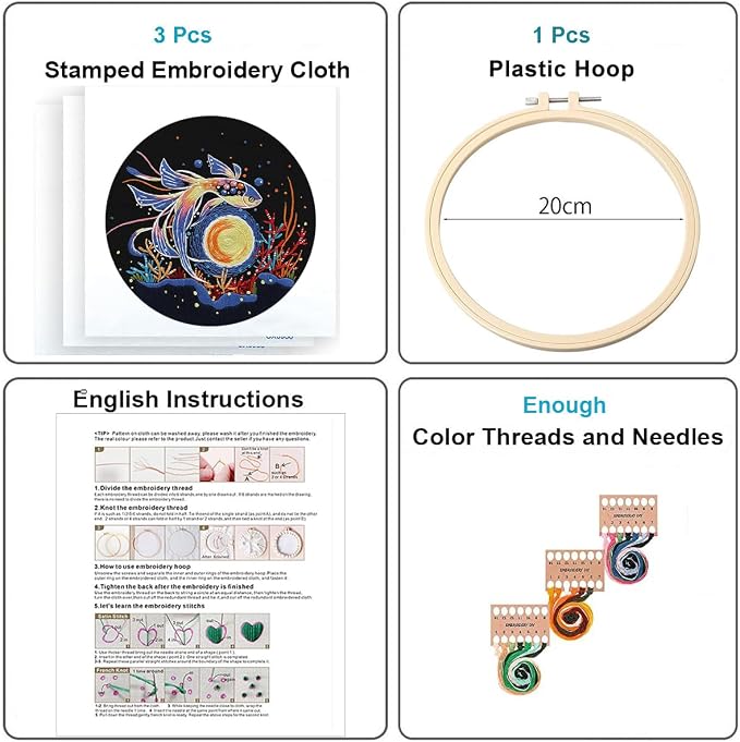 Konrisa Stamped Embroidery Kit for Adults, 3 Set Elegant Goldfish DIY Sewing Needlepoint Cross Stitch Kit with Embroidery Floss,Hoops,Color Thread,Needle,1 pc Hoop