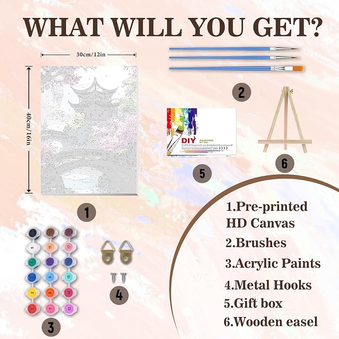 Cherry Blossom Paint by Numbers Kit for Adults with Frame & Easel 12x16in | 32 Colors, Adult Paint by Numbers, Japanese Scenery Canvas Paint by Numbers for Adults, DIY Acrylic Painting Kits on Canvas
