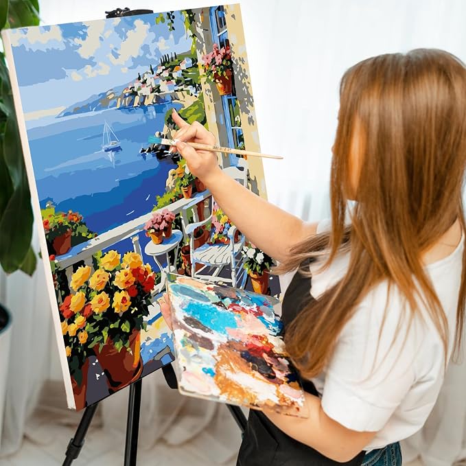 Paint by Numbers Kit for Adults, Coastal Balcony Painting, 16 x 20 Inch | DIY Adult Paint by Number Kit on Canvas for Beginners, without Frame, Seaside Landscape Wall Decor, Stress Relief Craft Gift