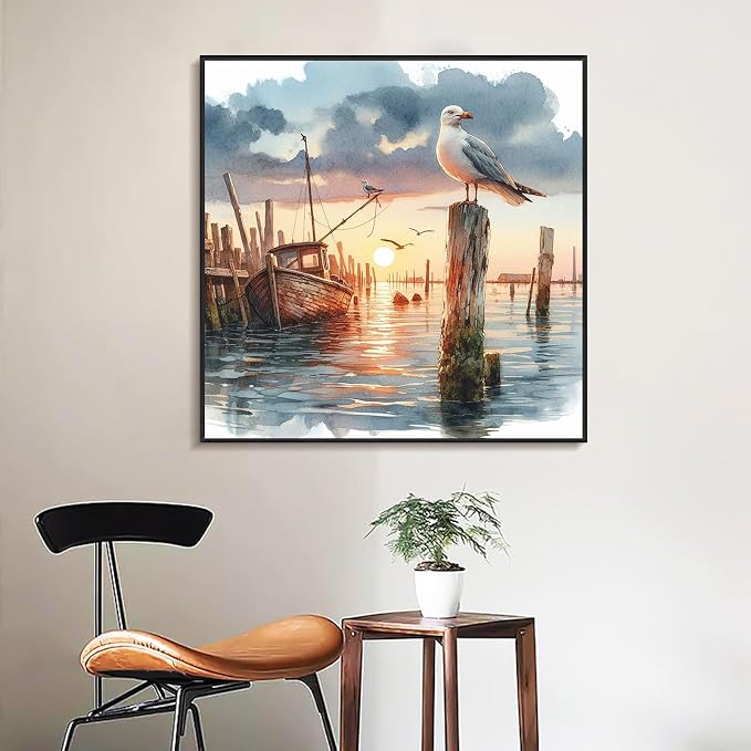 Seagull Framed Paint by Numbers Kit for Adults Beginner & Kids Ages 8-12 | With Frame Canvas 10x10 inch, DIY Acrylic Painting by Numbers Sunset, Stress Relief Craft Kits, Home Wall Decor Gift
