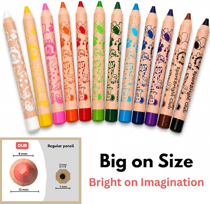 Sparkbright Club Jumbo Colored Pencils for Toddlers Ages 2-4 - 3-in-1 Wooden Pencil, Crayon & Watercolor | 12 Non-Toxic Colors, Break-Resistant 8mm Core, Easy-Grip for Kids & Preschool, Pre-Sharpened