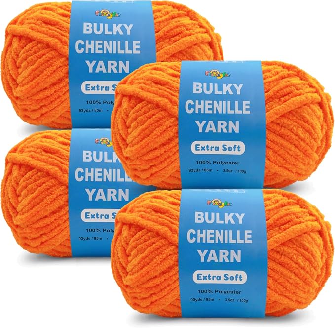 4 * 3.5Oz Soft Velvet Yarn Chenille Yarn for Crocheting and Knitting – Medium to Bulky (93 Yards/100g) - Polyester - Yarn for Blanket Amigurumi Weaving Crafts (Orange, 4 Pack)