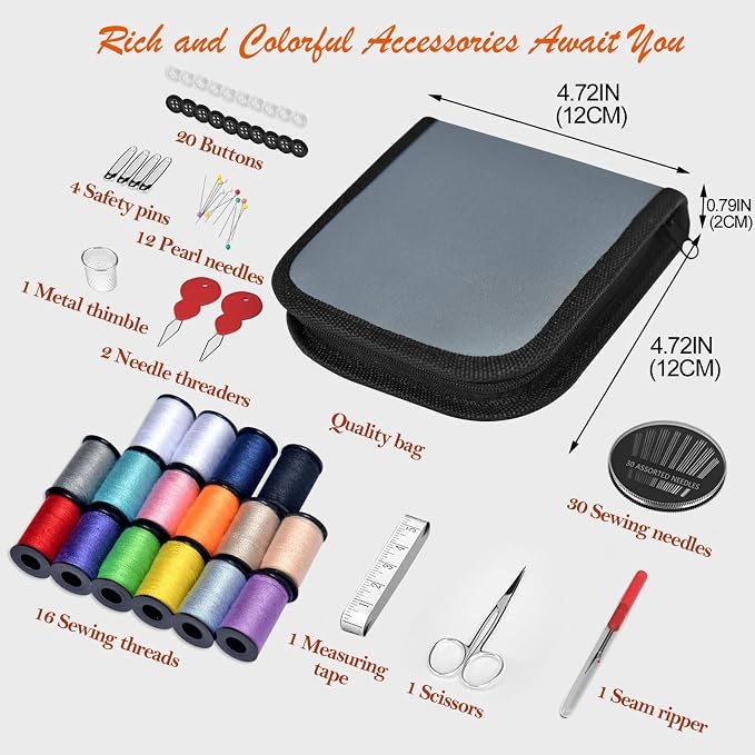 Sewing Kit Gifts for Grandma, Mom, Friend, Traveler, Adults, Beginner, Emergency,Sewing Supplies Accessories with Scissors,Sewing Needles Thimble, Thread,Tape Measure etc (Lt Pewter Gray, S)