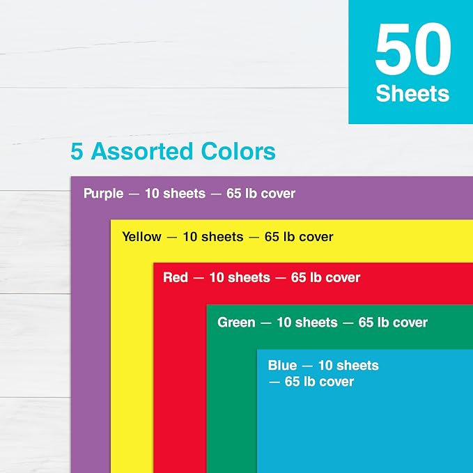 PrintWorks Bright Cardstock 8.5" x 11" - 50 Sheets - 5 Assorted Primary Colors - Ideal for School & Craft Projects - 65 lb/176 gsm - Made in the USA - FSC® Certified (00682)