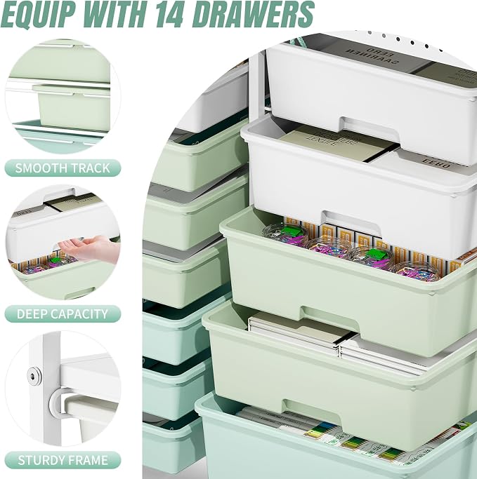 14 Drawer Rolling Storage Cart with Tabletop and Pegboard for Crafts Green | Easy Setup, Large Capacity, Sturdy Build, Smooth Mobility, For classroom, office and dorm supplies