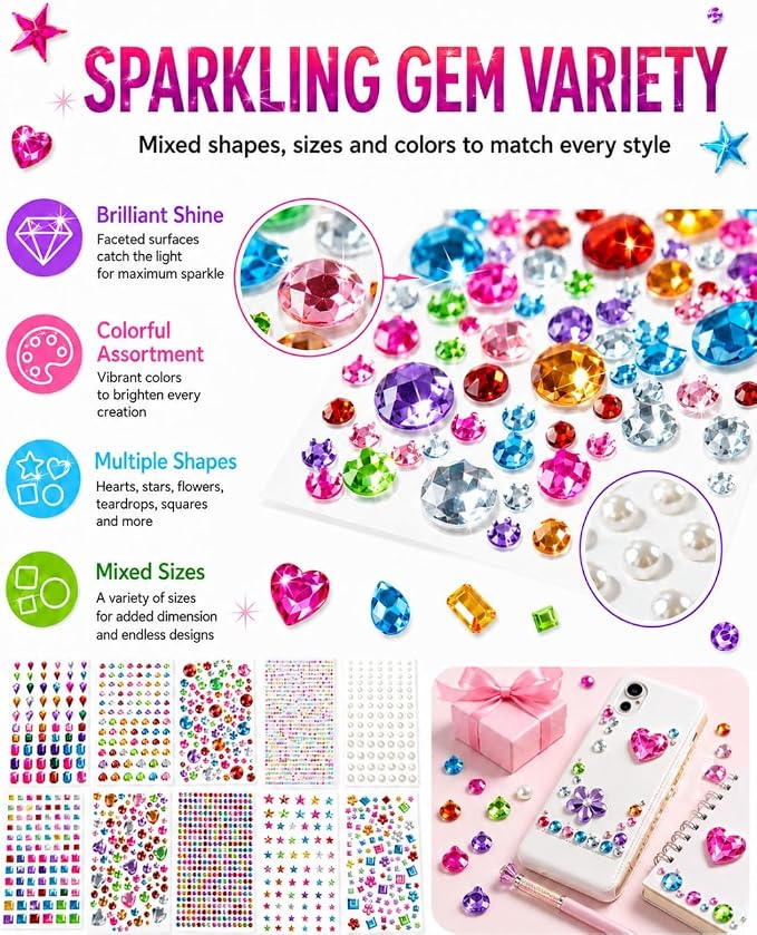 3062Pcs Gem Stickers-Self-Adhesive Face Jewelry Stickers, Acrylic Gems DIY Crafts, Sparkling Heart-Shaped Rhinestone, for Party & Holiday Supplies
