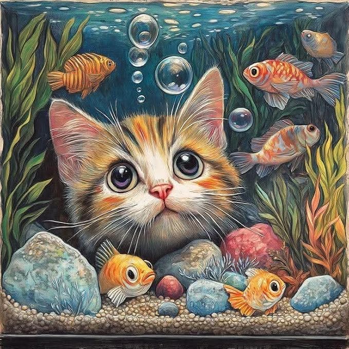 Curious Cat & Goldfish Diamond Art Kits for Adults,Diamond Painting Kit for Beginners, Round 5D DIY Dimond art,Full Drill Painting Kit Art and Crafts for Adults Home Wall Decor【13.8x13.8inch】