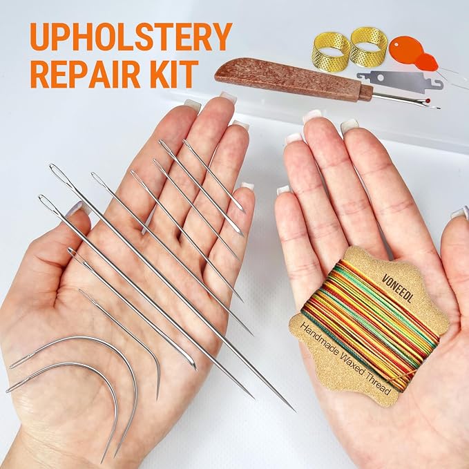 Upholstery Repair Kit: Waxed Sewing Thread (Multicolor) & Heavy Duty Needles (11 PCS) for Leather, Canvas & Quilting Thread