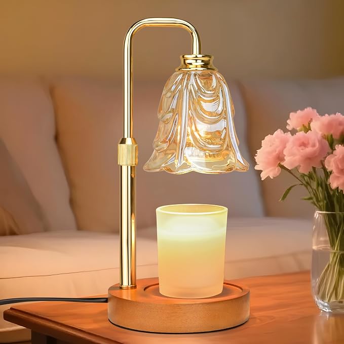 XJZJY Amber Glass Flower Candle Warmer Lamp with Timer, Vintage Home Decor | Dimmable wax melt warmer with 2 bulbs for jar candles, height adjustable, Amber tulip design, home decor, housewarming gifts