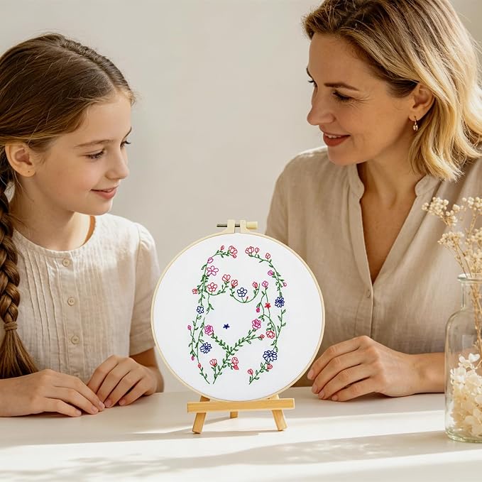 Woman Flowers Embroidery Kits for Beginners Adults, Floral Hand Embroidery Starters Kits, Stamped Cross Stitch Kits DIY Needlepoint Kits for Beginners Adult, Embroidery Hoop, Thread and Video Tutorial