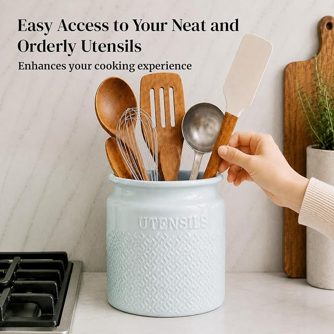 DOWAN 7.2" Large Ceramic Utensil Holder for Kitchen Countertop, Light Blue