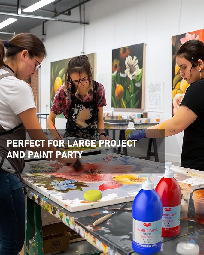 Smallbudi 6 Colors Large Bulk Acrylic Paint Set 69oz/2040ml for Artists | Rich Pigment Art Painting Supplies Non Toxic Acrylic Kit for Kid & Adult Painting on Canvas Wood Fabric Rock Craft, with Pump