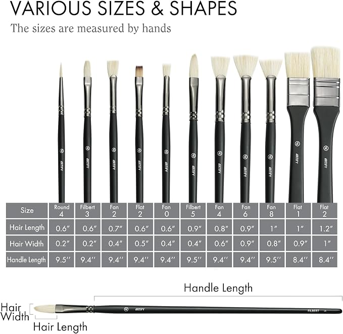ARTIFY Oil Paint Brush Set - 11 Pieces | Professional Artist Paint Brush Set for Oil, Acylic and Gouache | Natural Hog Bristle Brushes with an Additional Nylon Brush