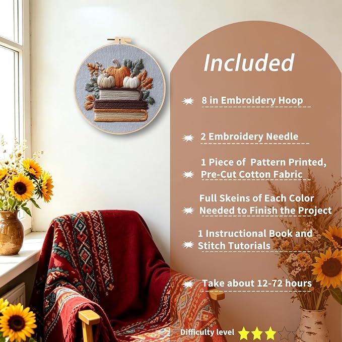 FONNUY Fall Embroidery Kit, Handmade Autumn Wreath Pre-Stamped Pattern for Beginners, Thanksgiving Harvest Home Decor, 8'' Hoop (Pumpkin Book)