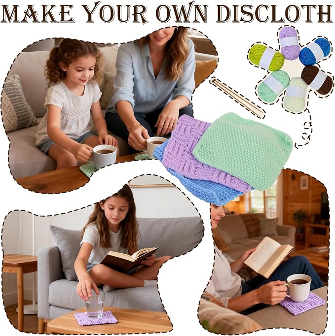 Lewhoo Knitting Kit for Beginners, 6 Patterns Dishcloth Learn to Knit Kit | Step-by-Step Instruction,Complete Knit Starter Kit -Including Yarn, Knitting Needle&Accessories