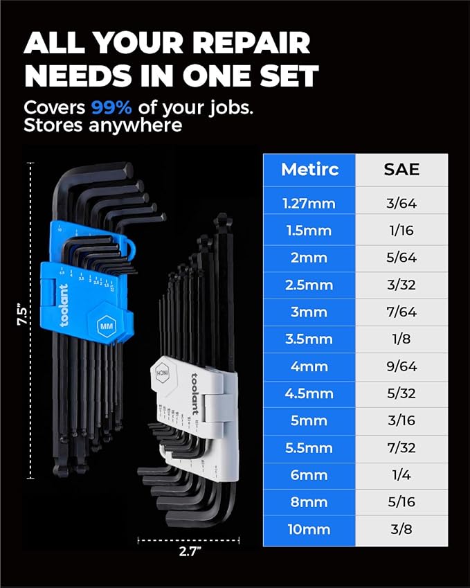 toolant Allen Wrenches Sets 26pcs(Metric&SAE), Long Arm Allen Wrench with Ball End, Metric Hex Key Set 1.27mm- 10mm, SAE Hex Key Set 3/64"- 3/8", Holder Design for Auto Maintenance and DIY Projects
