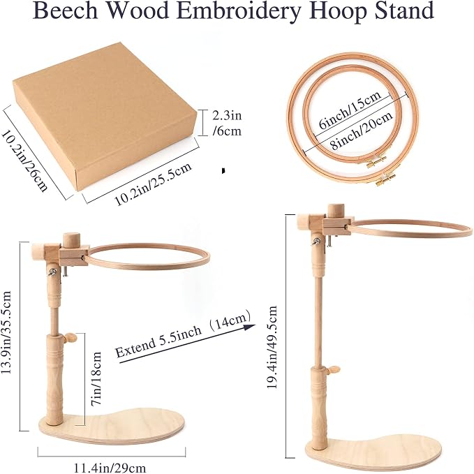 ZOCONE Beech Wood Embroidery Hoop Stand with 2 Pcs 6'' 8'' Embroidery Hoops | Natural Wooden Adjustable Rotated Embroidery Stand, Embroidery Hoop Holder for Cross Stitch and Embroidery Project