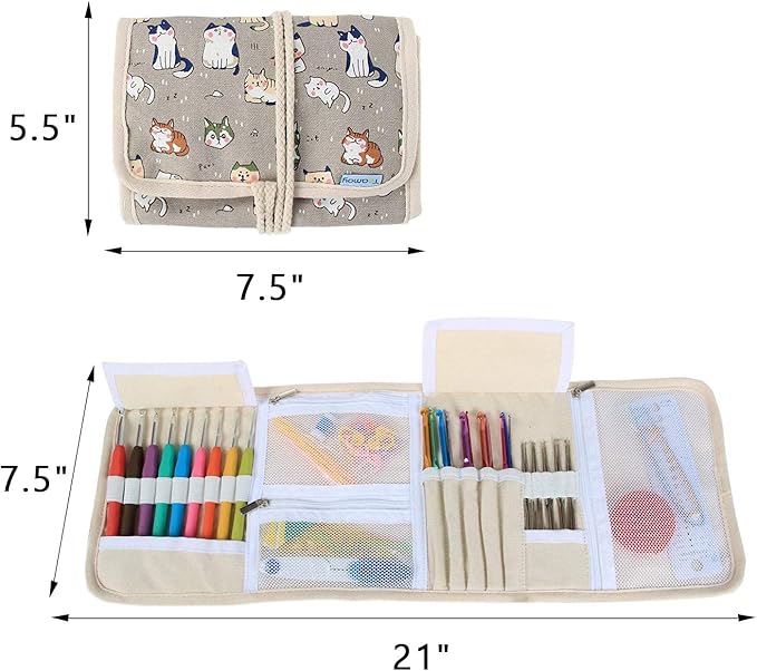 Teamoy Crochet Hook Case Organizer, Crochet Hook Roll Bag, Cartoon Cats