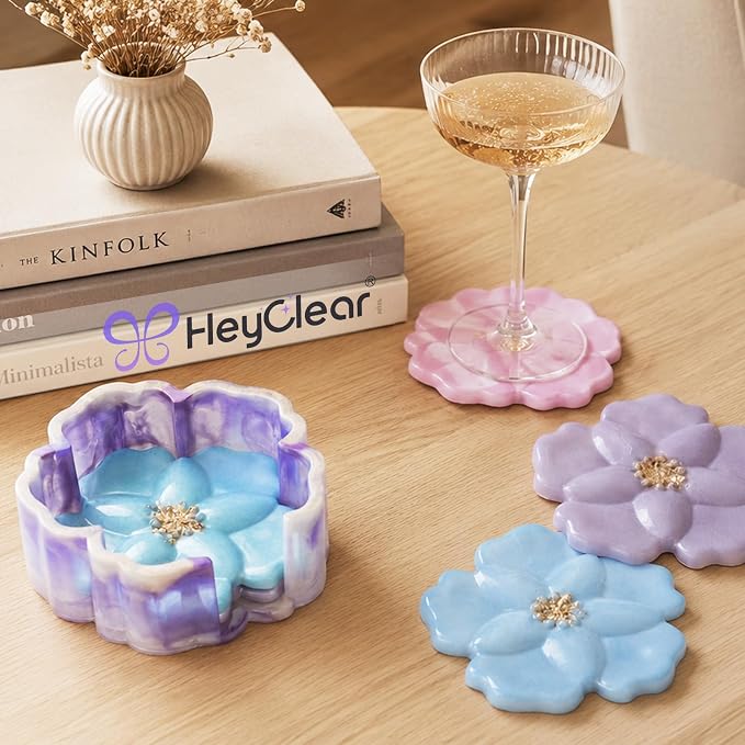 HeyClear 5Pcs Coaster Silicone Resin Molds, Flower Coaster Epoxy Resin Molds with Holder Mold, Resin Casting Molds for Table Coasters, Home Decoration and DIY Art Crafts