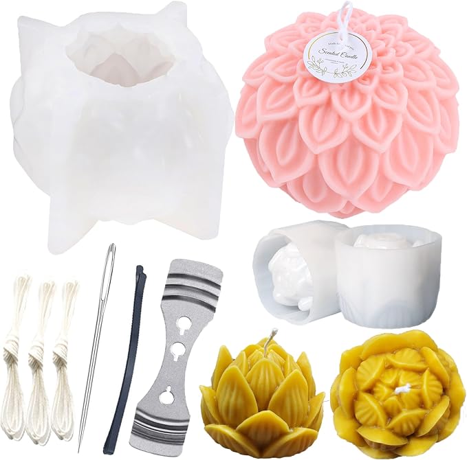 2PCS Lotus Sphere Candle Molds with Mold Punch Needle Large-Eye Wicking Needle for Candle Making Lotus Flower Ball Mold for Decoration Scented Candle DIY Clay Craft Soap Flower Specimen