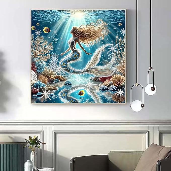 OJTOYART Sea-Maid Diamond Art Kits for Adults, 5D Special ShapeDiamond Art for Beginners，DIY Round Full Drill Diamond Dots,Gem Painting for Adults Crafts Home Wall Decor 11.8 x 11.8 Inch
