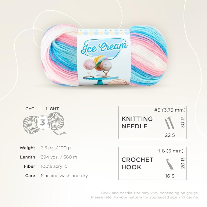 Lion Brand Yarn, Ice Cream Crochet Yarn, Cake Batter, Multicolor, 3 Pack