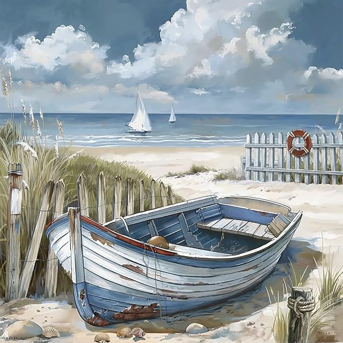 Accompany Wind Beach Scenery Diamond Art Kits for Adults, 5D Boat Diamond Painting Kits for Beginners,DIY Round Full Drill Diamonds Gem Art Crafts for Home Wall Decor Gifts 14x14 Inch