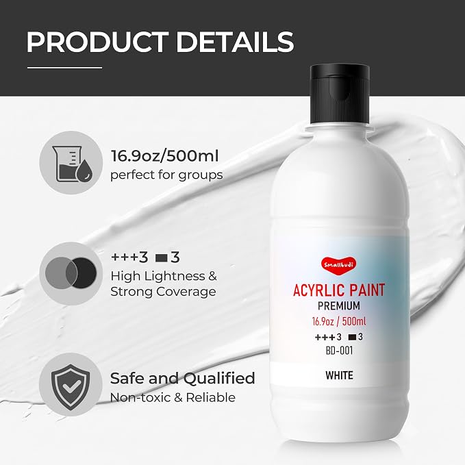 Smallbudi White Acrylic Paint, 16.9 oz/500 ml Large Bulk White Paint | Non Toxic Acrylic Craft Paint for Canvas, Wood, Rock, Ceramic, Fabric Crafts, Pumpkin, DIY Art Supplies for Kids & Adults