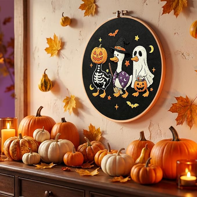 Nuberlic Halloween Embroidery Kit for Beginners Adults DIY Needlepoint | Complete Halloween Embroidery Kit With Cute Ghost, Pumpkin And Duck Design For Handmade Decor, Relaxing Needlework And Gifts.