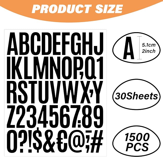 Letter Stickers 30 Sheets 1500 PCS Large 2 Inch Alphabet Stickers, Black