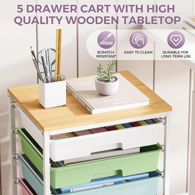 SYKIARIOL 5-Tier Rolling Cart with Drawers with Wooden Top, Ice Cream | Mobile Craft Storage Drawer Cart Trolley for Home Office, Classroom, Craft Room & Kid Room