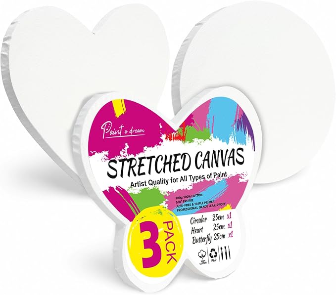 3Pack Stretched Blank Canvas for Painting with Circle, Heart, Butterfly