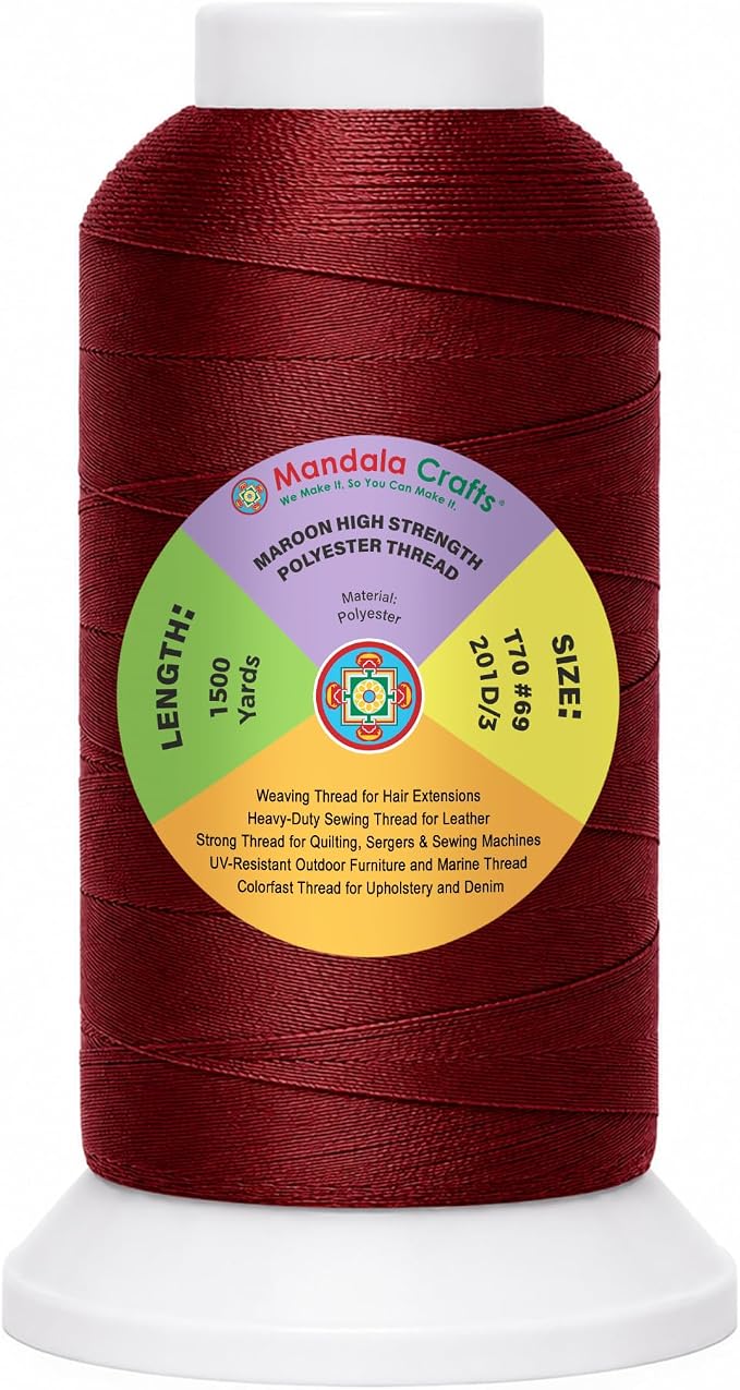 Mandala Crafts Maroon Tex 70 Polyester Heavy Duty Thread for Upholstery | 1500 Yds T70 UV Resistant Strong Thread for Leather Sewing, Marine, Drapery, Jeans, Hair Weaving & Extension, Outdoor
