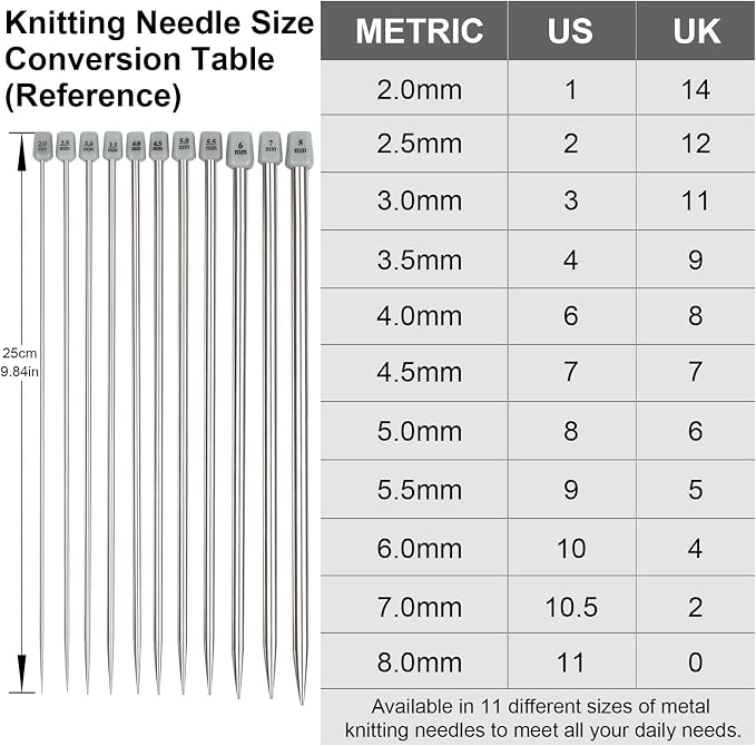 Aeelike 11 Pairs Metal Knitting Needle Set, 2mm-8mm Knitting Needle, Type B