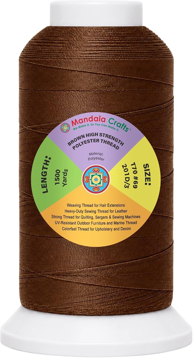 Mandala Crafts Brown Tex 70 Polyester Heavy Duty Thread for Upholstery | 1500 Yds T70 UV Resistant Strong Thread for Leather Sewing, Marine, Drapery, Jeans, Hair Weaving & Extension, Outdoor