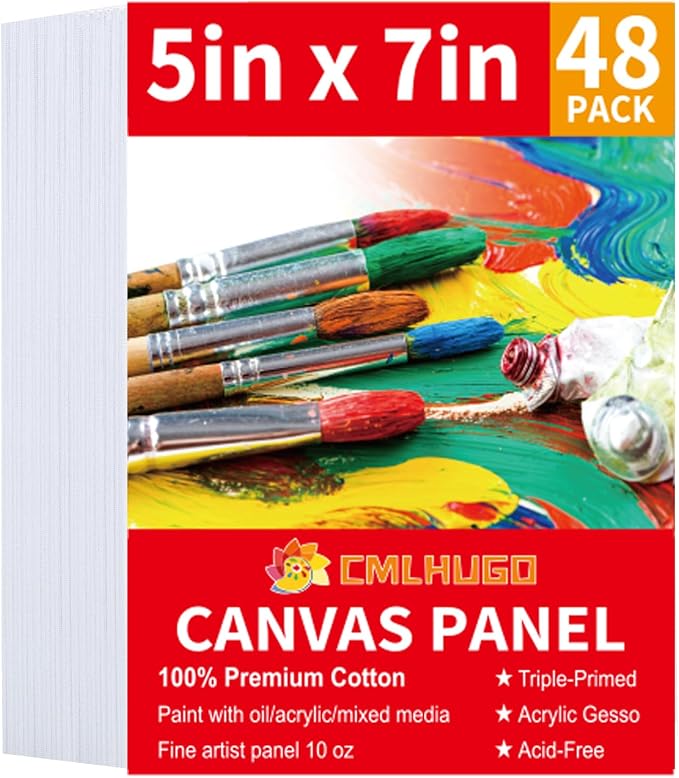 48 Pack 5x7 Inch Boards Blank for Painting, Kids Art Painting Canvases, Primed 100% Cotton Canvas Panels for Acrylic Oil Watercolor Tempera Paints