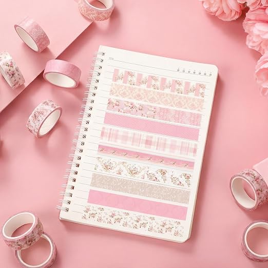 12 Rolls Floral Washi Tape Set,Pastel Pink,Tea Party | Watercolor Flowers Design for Scrapbook Journal DIY Craft School Supplies, 15 mm Vintage Decorative Masking Washi Tapes