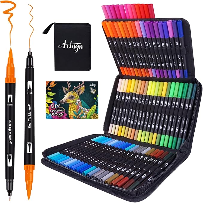 72 Colors Dual Watercolor Markers Pens for Adult Coloring Books with Bag | Art Marker Set with Fine & Brush Tip Pen for Bullet Journaling, Coloring, Drawing, Hand Lettering, Calligraphy, Art Supplies