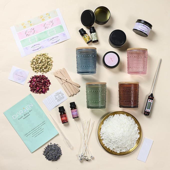DARJEN Candle Making Kit for Adult, 4 Jars & 4 Tins Soy Wax Scented DIY Set | 100% Soy Wax, 10oz Glass Jars, 4oz Tins, Cotton Wicks, Pleasant Scents, Instruction& More- Perfect as Home Decorations