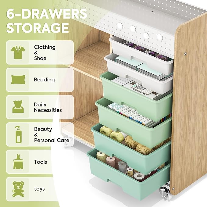 Rolling Craft Cart with 6 Drawers, Pegboard and Locking Wheels Green