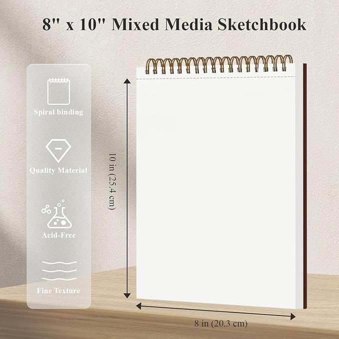 Mofuny Mixed Media Sketchbook 8x10, 50 Sheets - 110lb/180gsm Mixed Media Paper | Art Paper for Acrylic Painting, Watercolor Sketchbook, Ink, Markers, Pencil, Artist Supplies for Adults.
