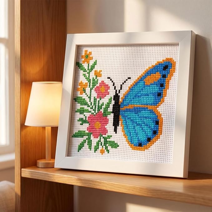 Butterfly Stamped Cross Stitch Kits for Beginners Adults with Framed | Flower Needlepoint Counted Cross Stitch Kits for Beginners Adults with Framed Embroidery Kits Arts and Crafts 6 x 6 inch