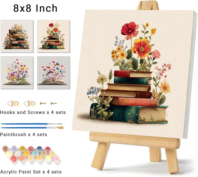Banket 4 Pack Framed Paint By Numbers Kit for Adults Beginner Book Adult Paint By Number Kits on Canvas Flowers Painting By Numbers for Adults with Frame DIY Painting Kits for Home Wall Art 8x8 Inch